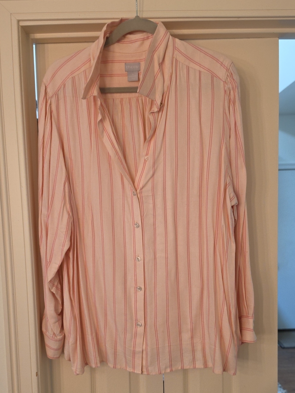 Chico's Pink and Red-Striped Casual Button-Down Shirt